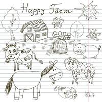 felice fattoria doodles set di icone. schizzo disegnato a mano con cavallo, mucca, maiale pecora e fienile. illustrazione vettoriale abbozzato fumettistico infantile su sfondo di carta notebook