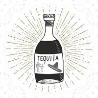 etichetta vintage, bottiglia disegnata a mano di tequila schizzo di bevanda alcolica tradizionale messicana, distintivo retrò con texture grunge, disegno dell'emblema, stampa t-shirt tipografica, illustrazione vettoriale