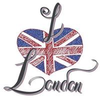 London hand lettering sign con grunge bandiera del regno unito a forma di cuore, isolato su sfondo bianco illustrazione vettoriale