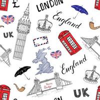 La città di Londra scarabocchia il modello senza cuciture degli elementi. con il tower bridge disegnato a mano, la corona, il big ben, il bus rosso, la mappa del regno unito, la bandiera e le scritte, illustrazione vettoriale isolato