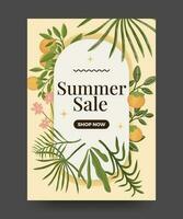 estate vendita manifesto con tropicale foglie, esotico frutta e fiori. estate manifesto illustrazione vettore