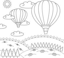 linea arte illustrazione di caldo aria palloncini volante nel il cielo. vettore illustrazione.colorazione libro per bambini