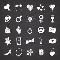 amore e San Valentino doodle icone, set di segni disegnati a mano, illustrazione vettoriale su sfondo lavagna