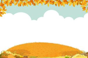 autunno sfondo con rurale erba campo paesaggio, acero le foglie confine su nube e blu cielo sfondo, vettore carino cartone animato con copia spazio per Ciao autunno, giorno del ringraziamento, metà autunno bandiera vendita, promozione