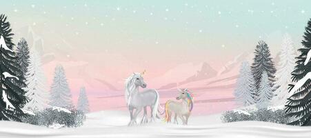 Natale sfondo, nuovo anno 2024 carta ,inverno scena paesaggio con unicorno in piedi neve caduta su pastello rosa, blu cielo sfondo, vettore fantasia carino cartone animato unicorno famiglia nel inverno foresta