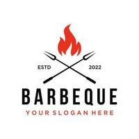 bbq caldo griglia Vintage ▾ tipografia logo modello design con attraversato fiamme e spatola. logo per ristorante, distintivo, bar e sbarra. vettore