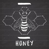 etichetta vintage, ape disegnata a mano, distintivo con texture grunge, modello di logo retrò, illustrazione di vettore di disegno di tipografia sulla lavagna