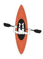 giovane uomo con pagaia seduta nel canoa superiore Visualizza monocromatico piatto vettore carattere. kayak gli sport. modificabile magro linea pieno corpo persona su bianca. semplice bw cartone animato individuare Immagine per ragnatela grafico design
