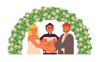 pastore officiare sposa sposo nozze semi piatto colorato vettore personaggi. contento coppia sotto floreale arco. modificabile metà corpo persone su bianca. semplice cartone animato individuare illustrazione per ragnatela grafico design