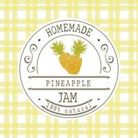 modello di progettazione di etichetta di marmellata. per prodotto da dessert all'ananas con frutta e sfondo abbozzati disegnati a mano. doodle vector ananas illustrazione identità di marca