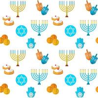 felice hanukkah vector seamless, con gioco dreidel, monete, mano di miriam, palma di david, stella di david, menorah, cibo tradizionale, torah e altri oggetti tradizionali