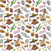 elementi di doodle del reticolo senza giunte del Messico, schizzo disegnato a mano cappello sombrero tradizionale messicano, stivali, poncho, cactus e bottiglia di tequila, mappa del Messico, burrito, teschio. sfondo di illustrazione vettoriale