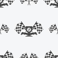 bandiera a scacchi o bandiere da corsa icona seamless pattern primo posto premio tazza e nastro di finitura. auto sportiva, velocità e successo, competizione e vincitore, rally, illustrazione vettoriale