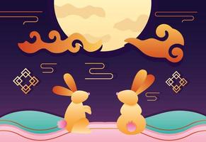 felice manifesto del festival di metà autunno con coppia luna piena e conigli vettore