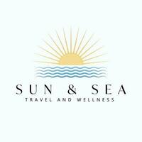 sole e mare vettore logo design. tramonto o Alba e oceano logotipo. tropicale viaggio logo modello.