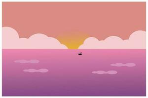 tramonto al di sopra di il mare. vettore illustrazione nel piatto design stile. un illustrazione di un' tramonto Visualizza a mare è un' silhouette di un' pesca barca andare in barca in il oceano per trova pesce.