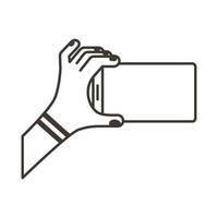icona di stile di linea orizzontale dello smartphone di sollevamento della mano femminile vettore