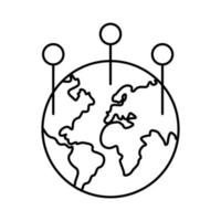 mondo pianeta terra con continenti con icona di stile della linea di posizione dei punti vettore