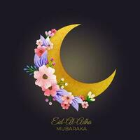 Eid-al-Adha mubarak manifesto design con decorativo floreale mezzaluna Luna su buio sfondo. islamico Festival di sacrificio concetto. vettore