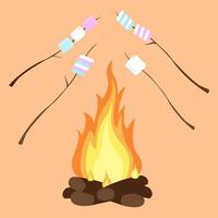marshmallows su bastoni accanto all'illustrazione vettoriale di fuoco