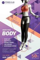 fitness club con sottile ragazza salto corda su viola geometrico sfondo vettore