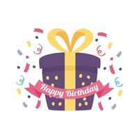 distintivo di buon compleanno con confezione regalo coriandoli e decorazione a nastro vettore