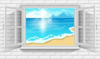 vettore illustrazione di bellissimo estate paesaggio di sabbioso spiaggia di il mare con luminosa luce del sole attraverso Visualizza di Aperto finestra.