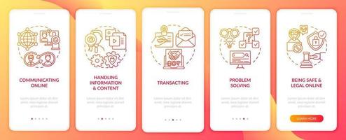 competenze digitali essenziali schermata della pagina dell'app mobile di onboarding rossa con concetti vettore