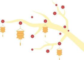 sakura fiore ramo decorato di Cinese lanterne su bianca sfondo. vettore