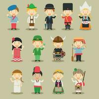 bambini e nazionalità di il mondo vettore illustrazione. Europa impostato 1. impostato di 13 personaggi vestito nel diverso nazionale costumi.