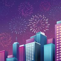 città notturna con fuochi d'artificio nel cielo vettore