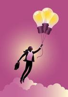 imprenditrice volando su idea o palloncini lampadina vettore