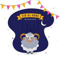 Eid-al-Adha mubarak, islamico Festival di sacrificio celebrazione concetto con cartone animato pecora in piedi su bianca e blu astratto sfondo nel mezzaluna chiaro di luna. vettore