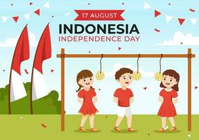 indonesiano indipendenza giorno vettore illustrazione su 17 ° agosto con bambini fare tradizionale concorrenza nel piatto cartone animato mano disegnato modello