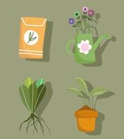 set di icone di giardinaggio annaffiatoio piante e semi di confezionamento disegnati a mano colore vettore