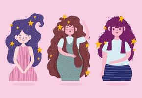cartone animato carino giovani donne stelle capelli lunghi incandescente vettore