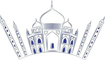 lineare illustrazione di taj Mahal nel blu colore. vettore