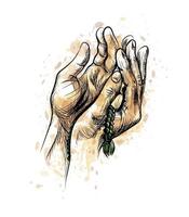 mani in preghiera con il rosario disegnato a mano schizzo sfondo vettoriale