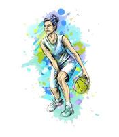giocatore di basket astratto con palla da una spruzzata di illustrazione vettoriale schizzo disegnato a mano dell'acquerello di vernici
