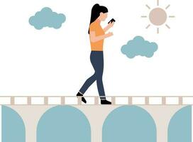 il ragazza è a piedi su il ponte utilizzando sua Telefono. vettore