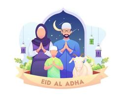felice eid al adha mubarak saluto con un'illustrazione vettoriale di famiglia musulmana