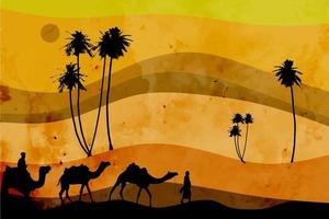 bellissimo paesaggio di sfondo astratto tramonto nel deserto con passeggeri arabi in possesso di cammelli e alberi astratti vettore