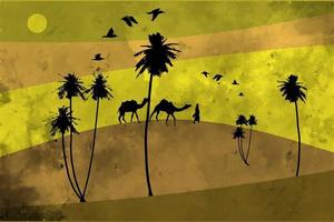 bellissimo paesaggio di sfondo astratto tramonto nel deserto con passeggeri arabi in possesso di cammelli e alberi astratti vettore