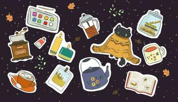 luminosa etichetta imballare con gatto nel maglione, autunno svapare, accogliente tè e caffè con biscotti. libro illustrazione. cosmico sfondo con stelle vettore
