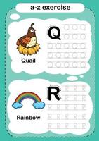 alfabeto lettera q e r esercizio con illustrazione vettoriale di vocabolario dei cartoni animati