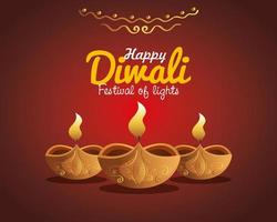 felice diwali diya candele con ornamento su sfondo rosso disegno vettoriale