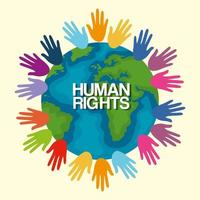 diritti umani con mani colorate e disegno vettoriale del mondo