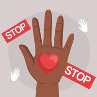 diritti umani con il cuore della mano nera e fermare il disegno vettoriale di banner