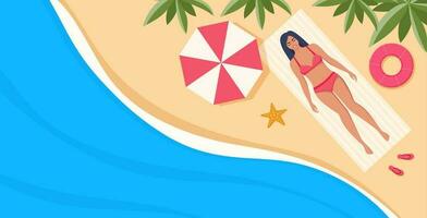 bellissimo giovane donna nel costume da bagno prende il sole su il spiaggia. superiore Visualizza spiaggia sfondo. estate tempo vacanze. vettore illustrazione.