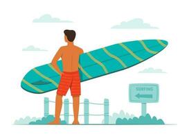 uomo Tenere un' tavola da surf e in piedi a il spiaggia vettore